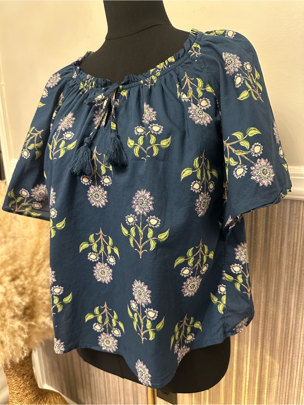 Old Navy Floral Peasant Top Tassel Tie Flutter Sleeve Boho Medium - Picture 2 of 8